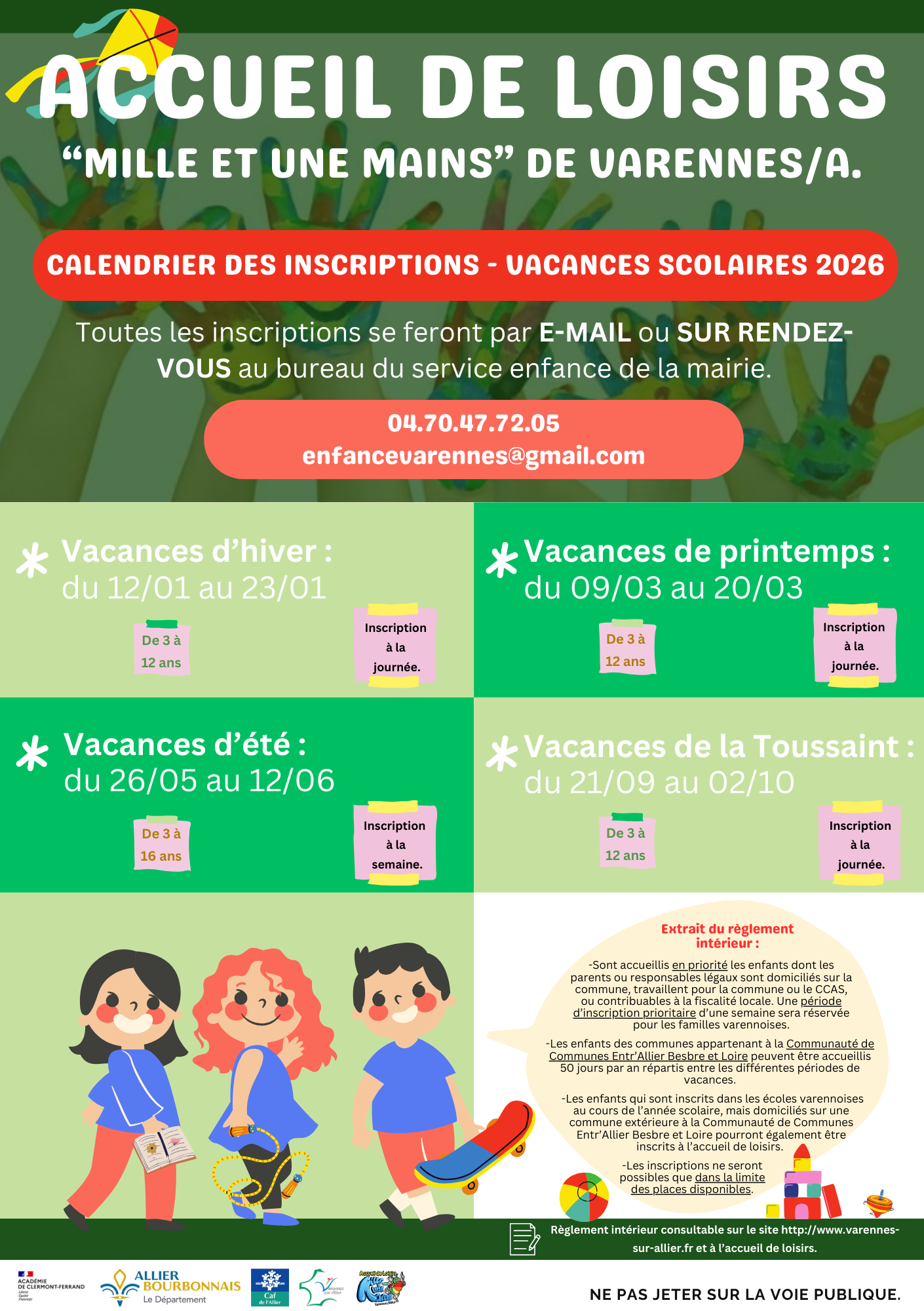 Calendrier des inscriptions - vacances scolaires 2026